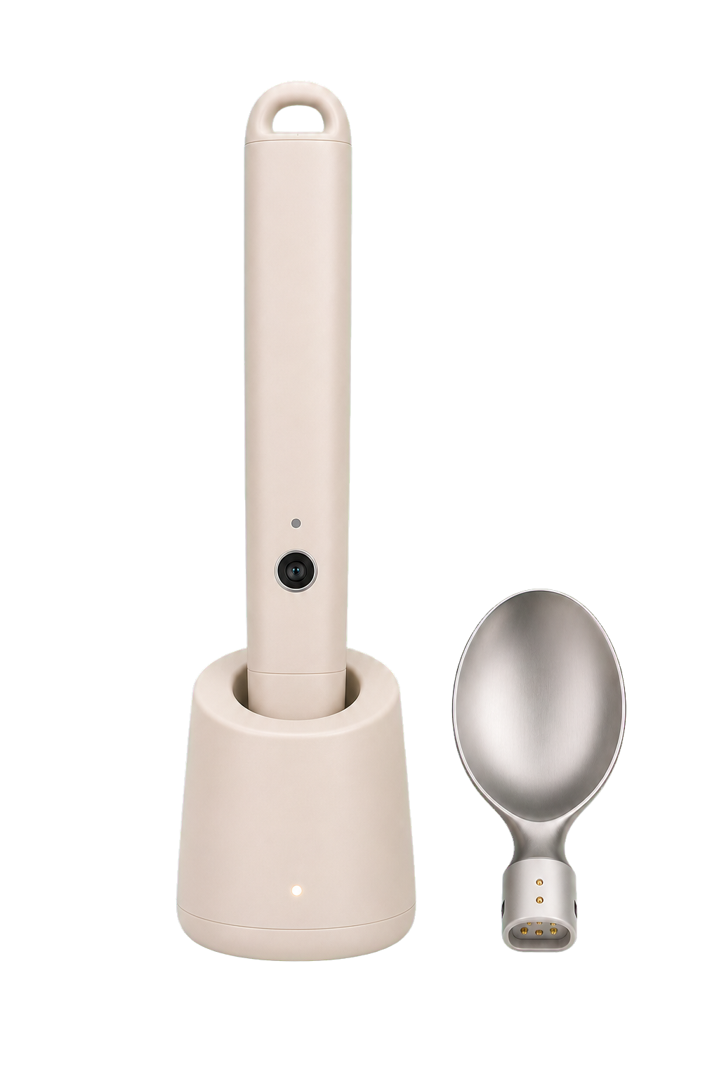 經典白 SpoonGo 智慧湯匙、充電座與經典銀匙面